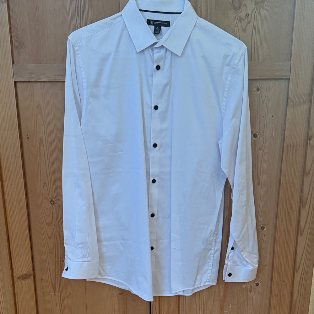 INC International Concepts White mens Dress Shirt with black Buttons Sz 15-15.5